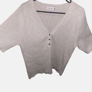 Calvin Klein Ribbed Short Sleeve Light Tan Sweater